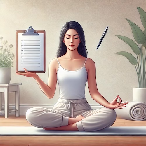 Woman meditating while balancing a clipboard